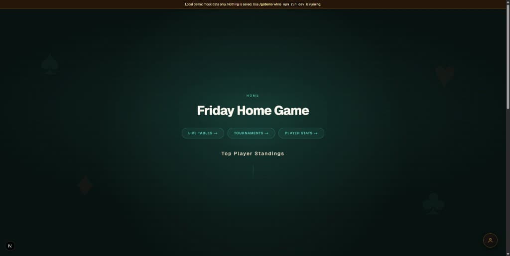 PokerNights game home with leaderboard boards